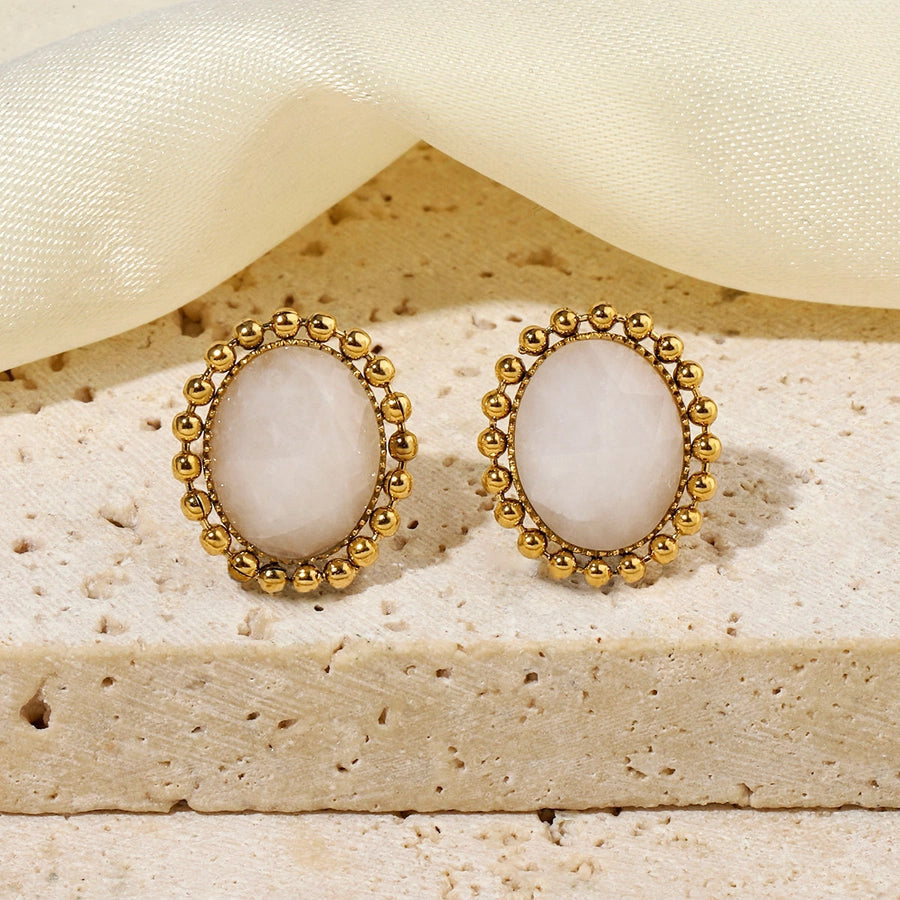 One Pack and Two Pairs Retro French Style Geometric Plating Titanium Steel Natural Stone 14K Gold Plated Ear Studs