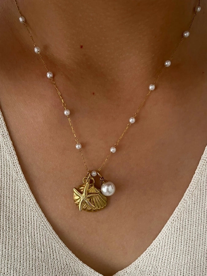 Jewelry Retro Marine Style Beach Starfish Shell 316L Stainless Steel  18K Gold Plated Pendant Necklace