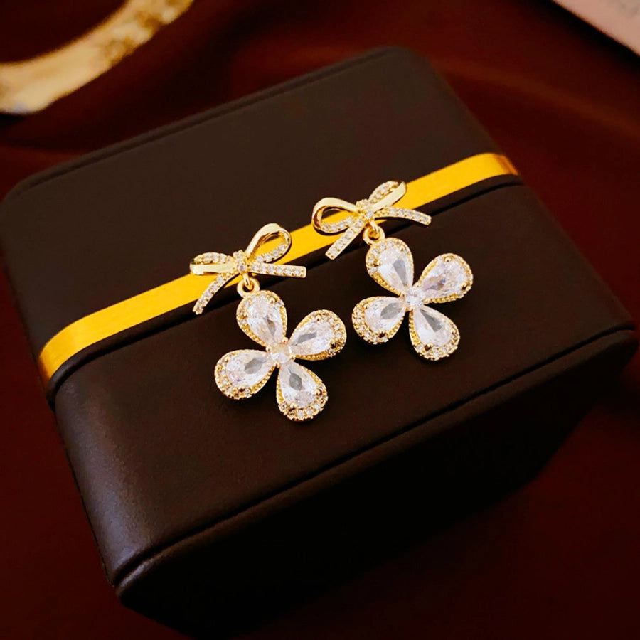 1 Pair Casual Simple Style Streetwear Bow Knot Plating Copper Zircon Drop Earrings