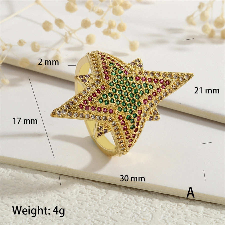 Copper Inlay Hexagram Star Zircon Open Rings