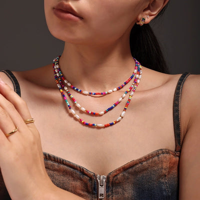 Jewelry Elegant Vacation Geometric 304 Stainless Steel Natural Freshwater Pearl 18K Gold Plated Beaded Necklace