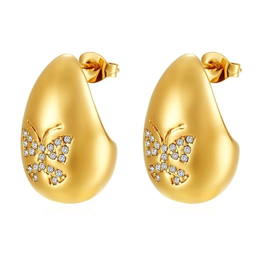 1 Pair IG Style Water Droplets Butterfly Plating Inlay 304 Stainless Steel Rhinestones 18K Gold Plated Ear Studs