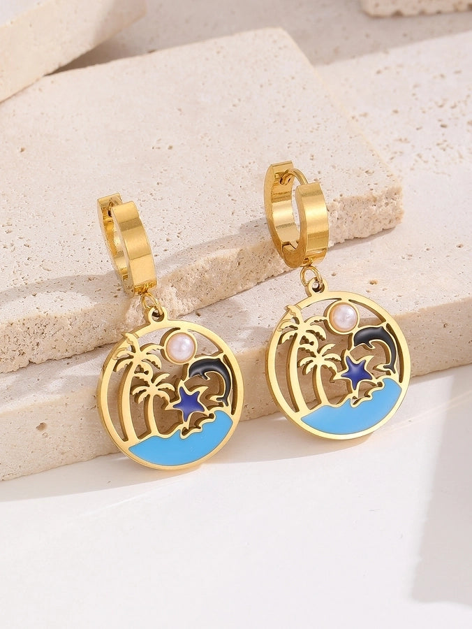 1 Pair Hawaiian IG Style Tree Ocean Painted Hollow Out Inlay Titanium Steel Artificial Pearls Turquoise 18K Gold Plated Drop Earrings