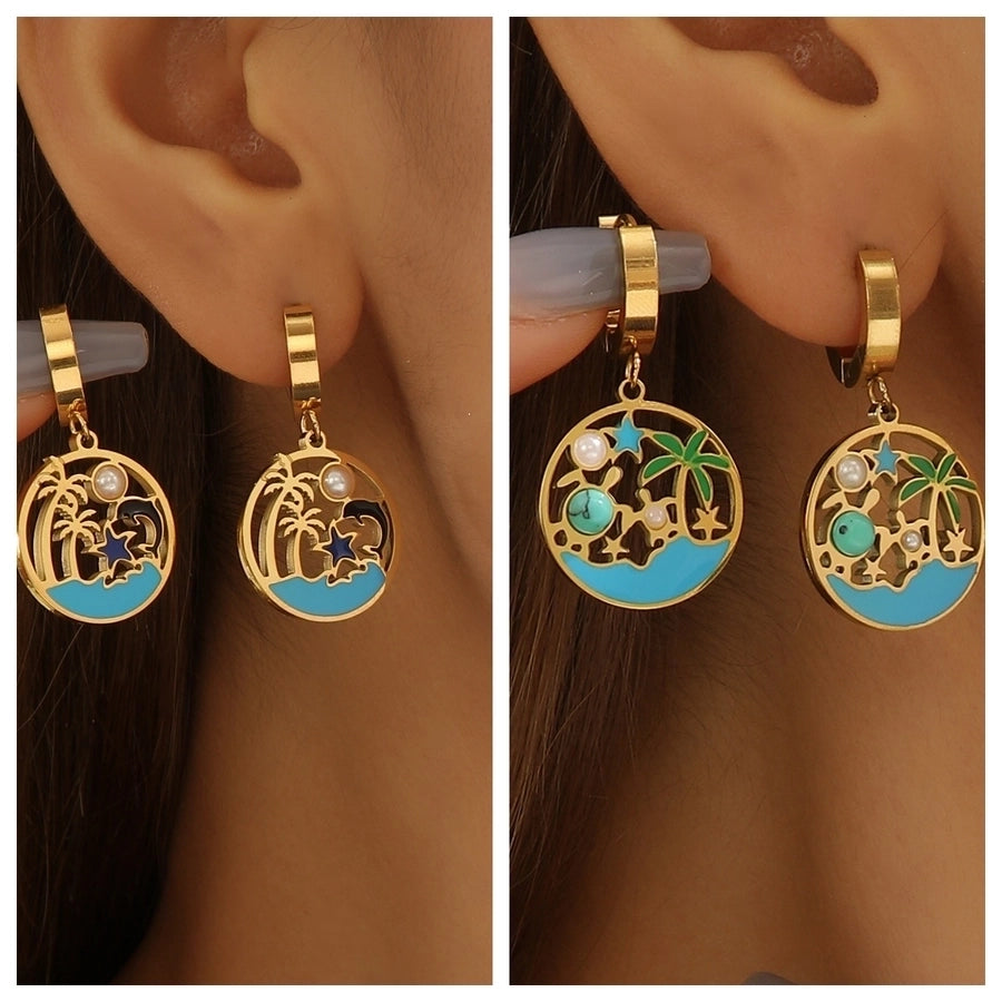 1 Pair Hawaiian IG Style Tree Ocean Painted Hollow Out Inlay Titanium Steel Artificial Pearls Turquoise 18K Gold Plated Drop Earrings