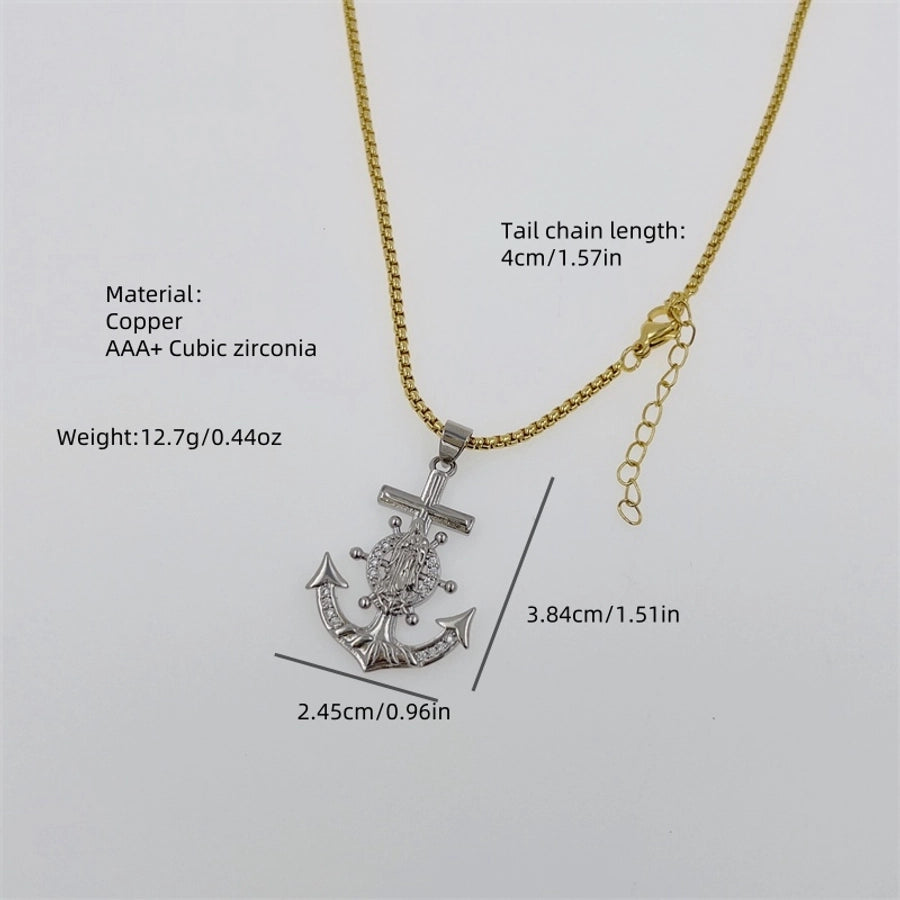 Copper 18K Gold Plated Inlay Anchor Zircon Pendant Necklace