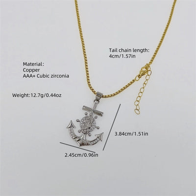 Copper 18K Gold Plated Inlay Anchor Zircon Pendant Necklace