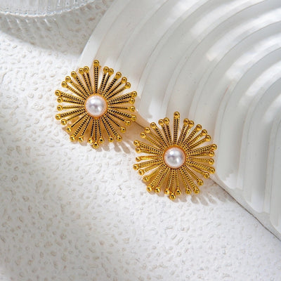 1 Pair Vacation Sweet Round Flower Plating Inlay 304 Stainless Steel Pearl 14K Gold Plated Ear Studs