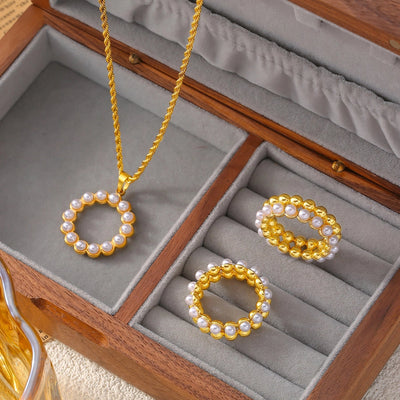 Jewelry Elegant Round 304 Stainless Steel Artificial Pearls 18K Gold Plated Plating Inlay Rings Necklace