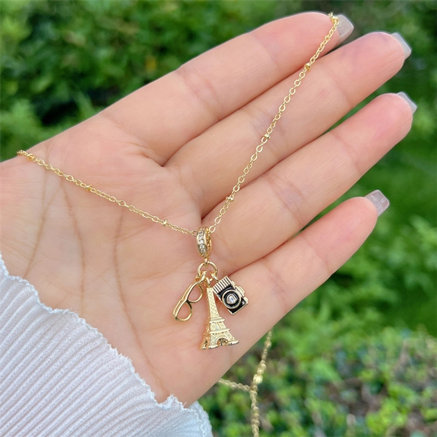 Copper 18K Gold Plated Inlay Sunflower Heart Shape Airplane Zircon Pendant Necklace