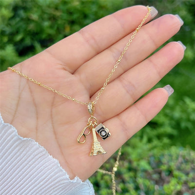 Copper 18K Gold Plated Inlay Sunflower Heart Shape Airplane Zircon Pendant Necklace