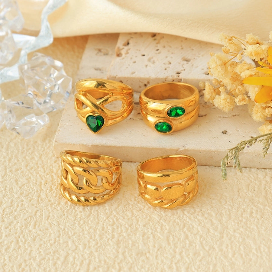 Jewelry Vintage Style Modern Style Commute Heart Shape Twist 304 Stainless Steel Zircon 14K Gold Plated Plating Hollow Out Inlay Rings