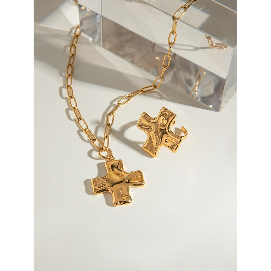18K Gold Stainless Steel Hammer Pattern Oil Pressure Cross Pendant Clip Chain Necklace