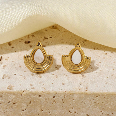 One Pack and Two Pairs Retro French Style Geometric Plating Titanium Steel Natural Stone 14K Gold Plated Ear Studs