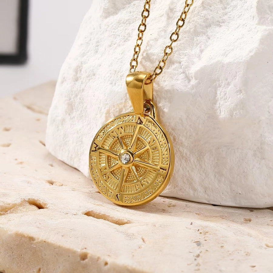 Jewelry Simple Style Round 304 Stainless Steel Rhinestones 18K Gold Plated Plating Inlay Pendant Necklace