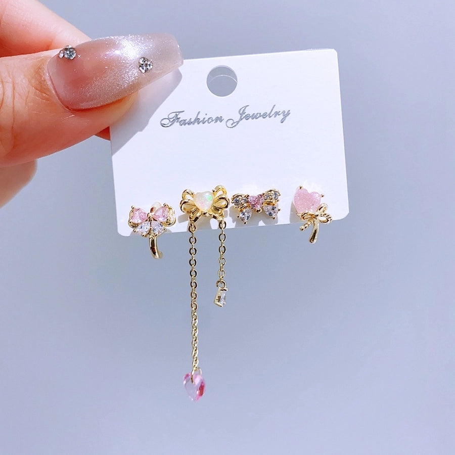 4 Pieces Set Sweet Simple Style Heart Shape Bow Knot Copper Copper Earrings Sets