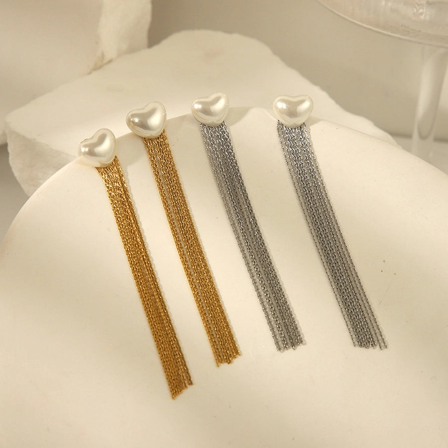 1 Pair Elegant Glam Heart Shape Tassel Plating Inlay 304 Stainless Steel Pearl 18K Gold Plated Ear Studs