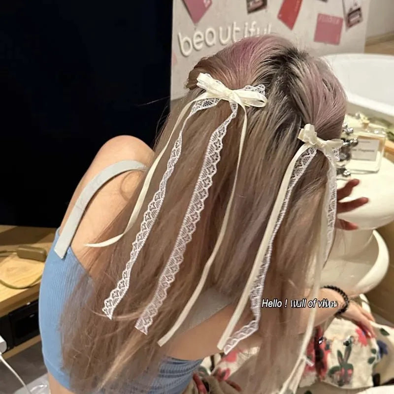 French exquisite girl ~ lace cream white bow ribbon hairpin ballet wind sweet temperament cute Korean style