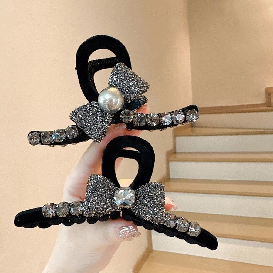 High-Grade Full Diamond Bow Hair Accessories Barrettes Women's Back Head Grip  Former Red Style Flocking Large Size Shark Clip