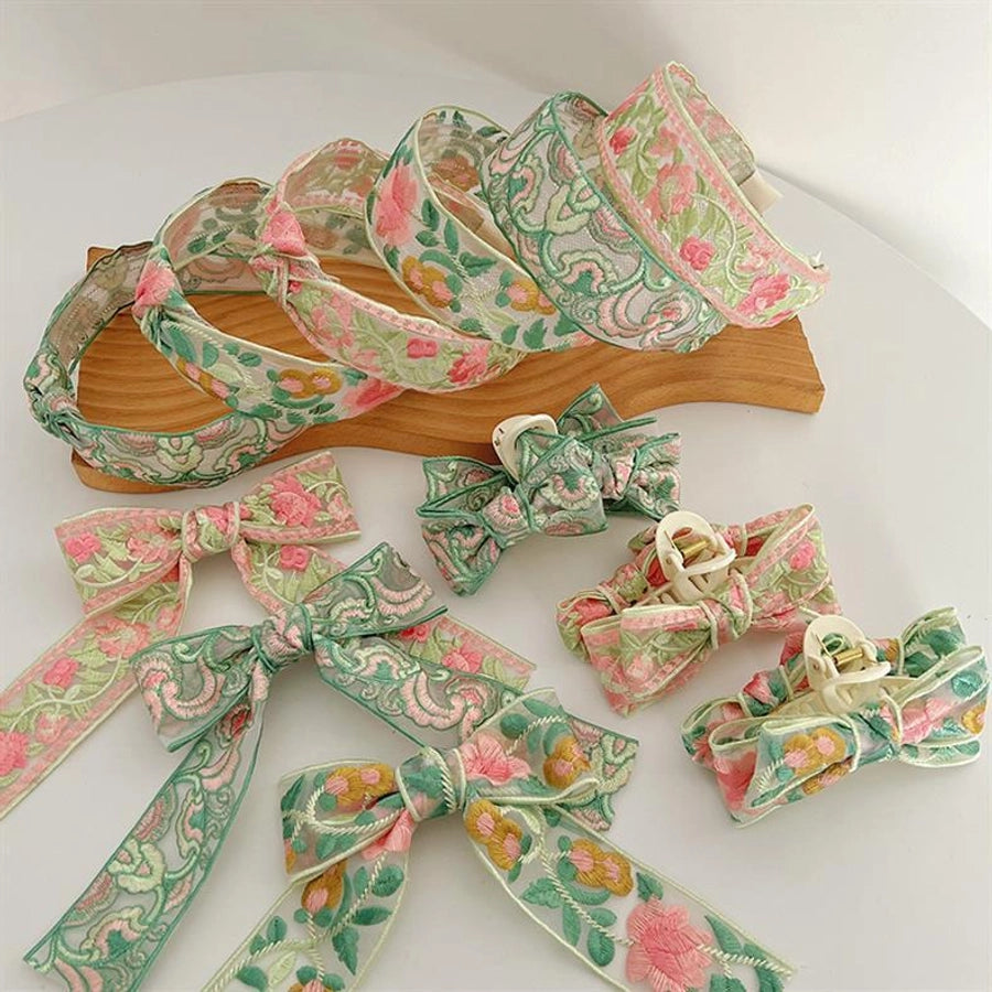 New Ethnic Style Cotton and Linen Embroidery Floral New Chinese Style Hairband Bow Hairpin Headband Wide-brimmed Hair Accessories for Women