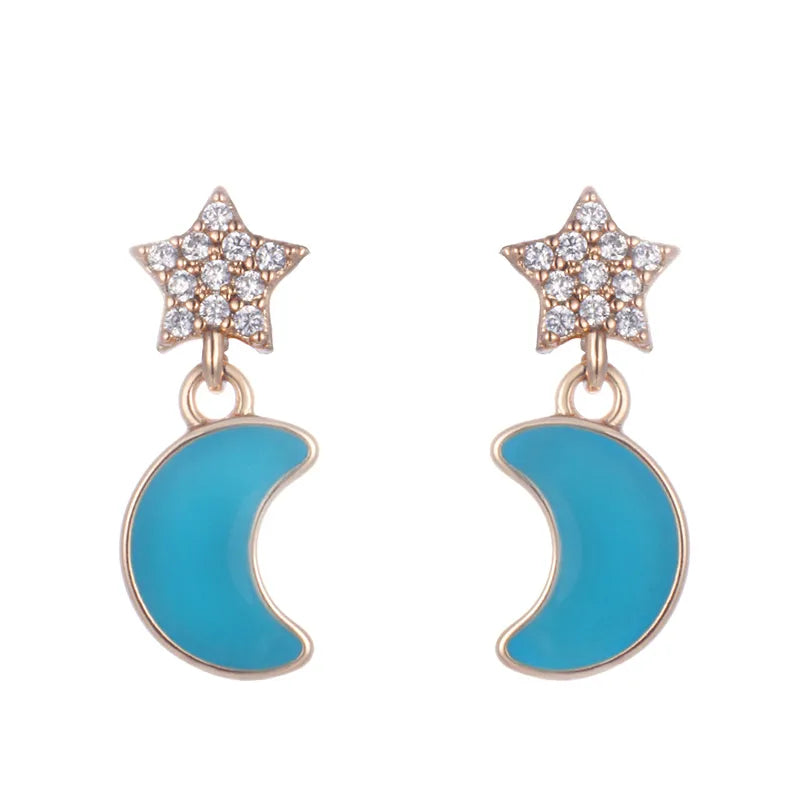1 Pair XUPING Sweet Simple Style Star Moon Enamel Inlay Copper Synthetic Cubic Zirconia 18K Gold Plated Drop Earrings