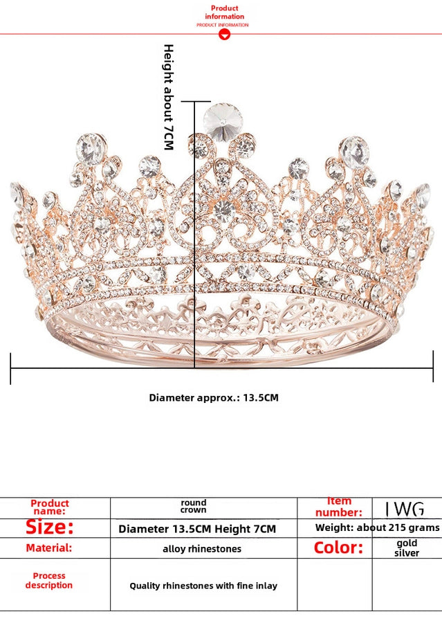 Bridal Jewelry Crown Alloy Rhinestone Wedding Headwear Baroque Hairband Round Crown  Supply