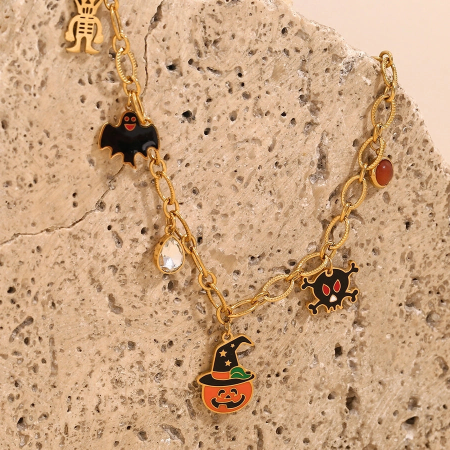 Jewelry Cartoon Style Cute Pumpkin Bat Ghost 304 Stainless Steel Rhinestones 18K Gold Plated Enamel Plating Inlay Pendant Necklace