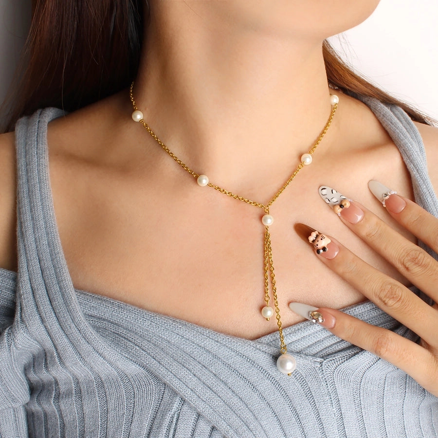 Jewelry French Style Geometric 304 Stainless Steel Glass Pearl 18K Gold Plated Bracelets Necklace