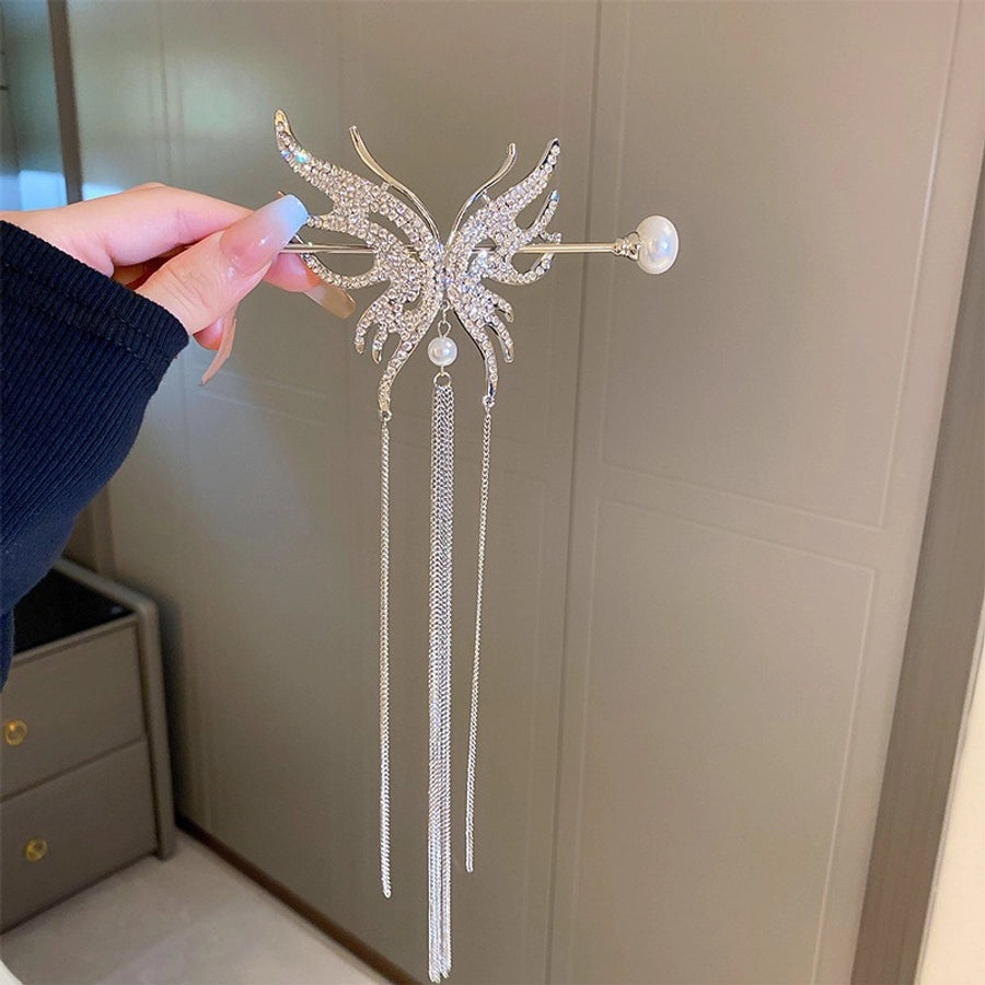 retro fashion romantic butterfly copper tassel butterfly inlaid pearls artificial pearls rhinestones hairpin