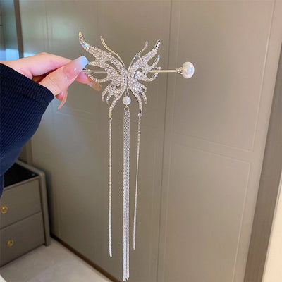 retro fashion romantic butterfly copper tassel butterfly inlaid pearls artificial pearls rhinestones hairpin