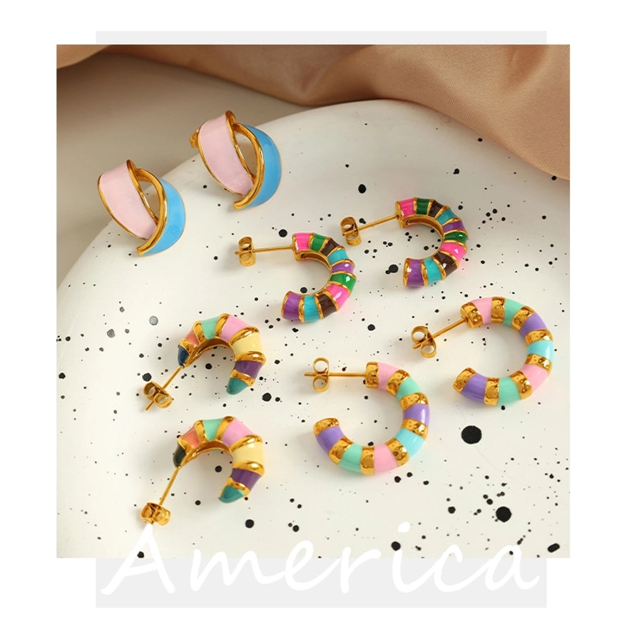 1 Pair IG Style Elegant Vintage Style C Shape Polishing Enamel Plating 304 Stainless Steel 18K Gold Plated Ear Studs