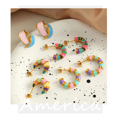 1 Pair IG Style Elegant Vintage Style C Shape Polishing Enamel Plating 304 Stainless Steel 18K Gold Plated Ear Studs
