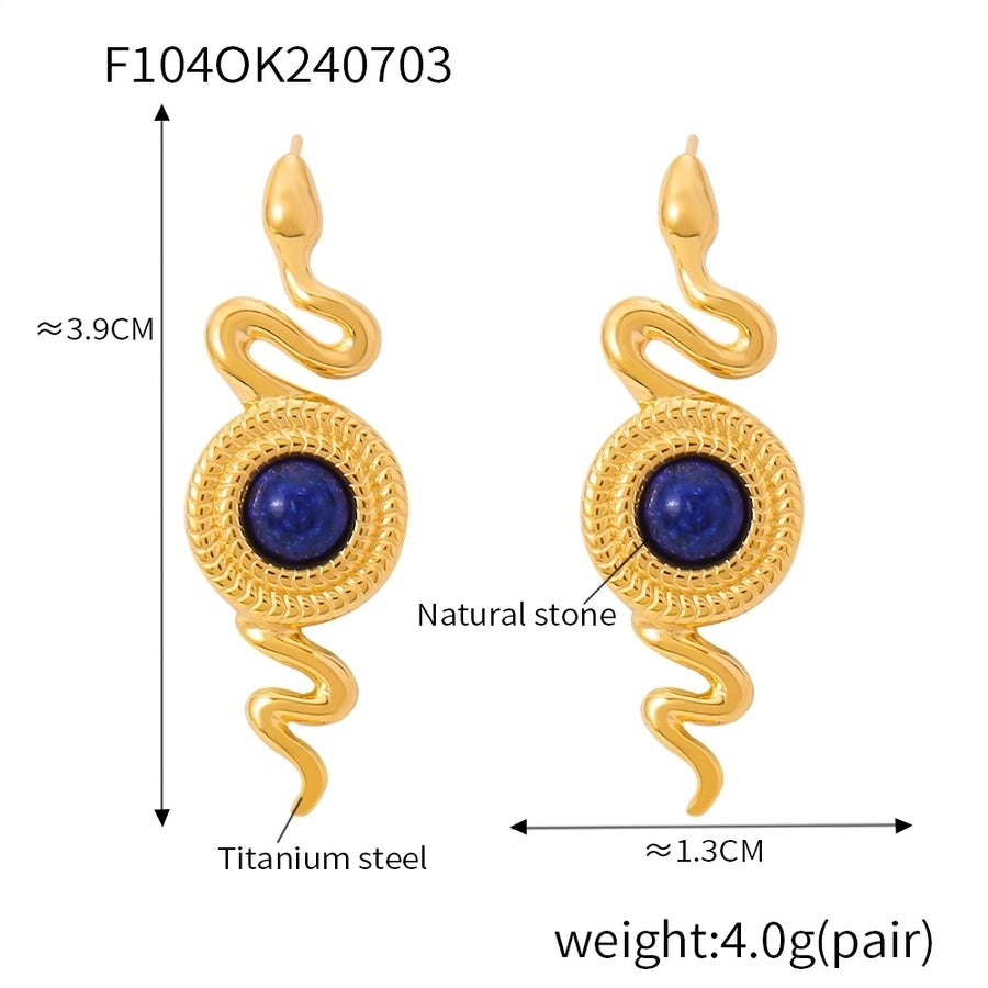 1 Pair Retro British Style Round Snake Plating Inlay 304 Stainless Steel Natural Stone Agate 18K Gold Plated Ear Studs