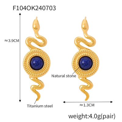 1 Pair Retro British Style Round Snake Plating Inlay 304 Stainless Steel Natural Stone Agate 18K Gold Plated Ear Studs