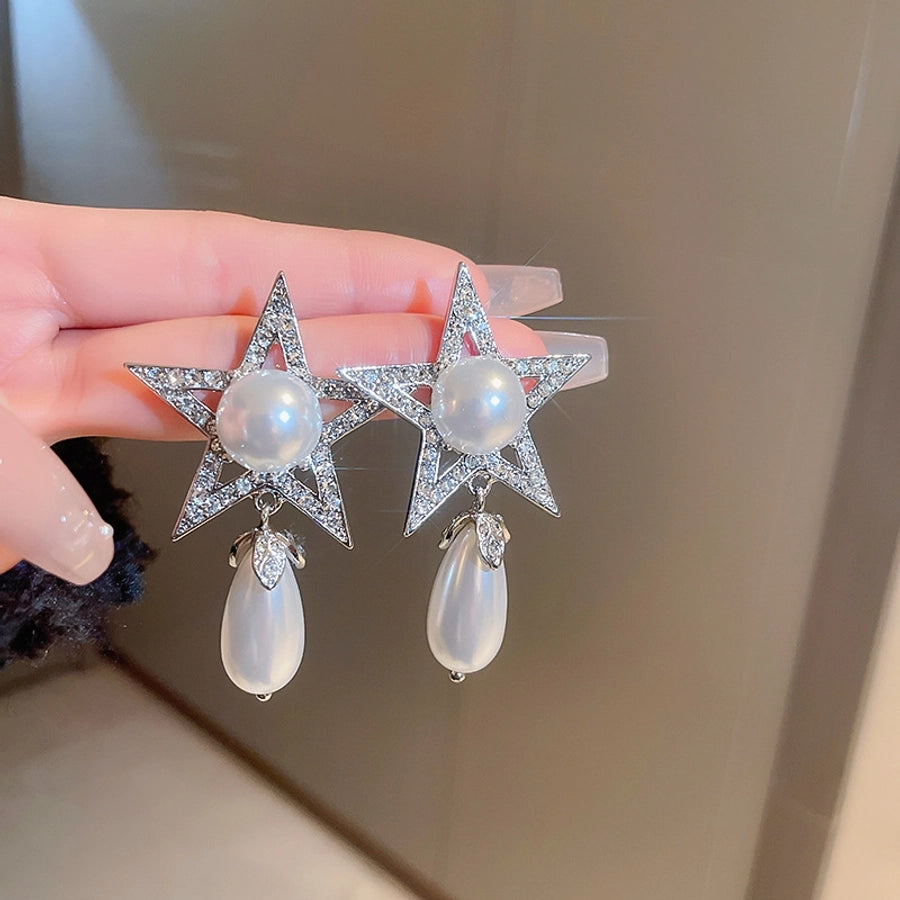 1 Pair Casual Simple Style Streetwear Star Water Droplets Inlay Copper Artificial Pearls Zircon Drop Earrings