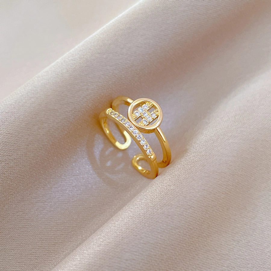 Brass Gold Plated Geometric Letter Zircon Brass Rings