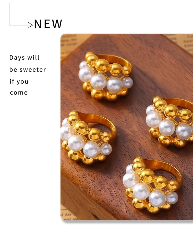 Jewelry Elegant French Style Round 304 Stainless Steel Artificial Pearls 18K Gold Plated Layered Inlay Rings