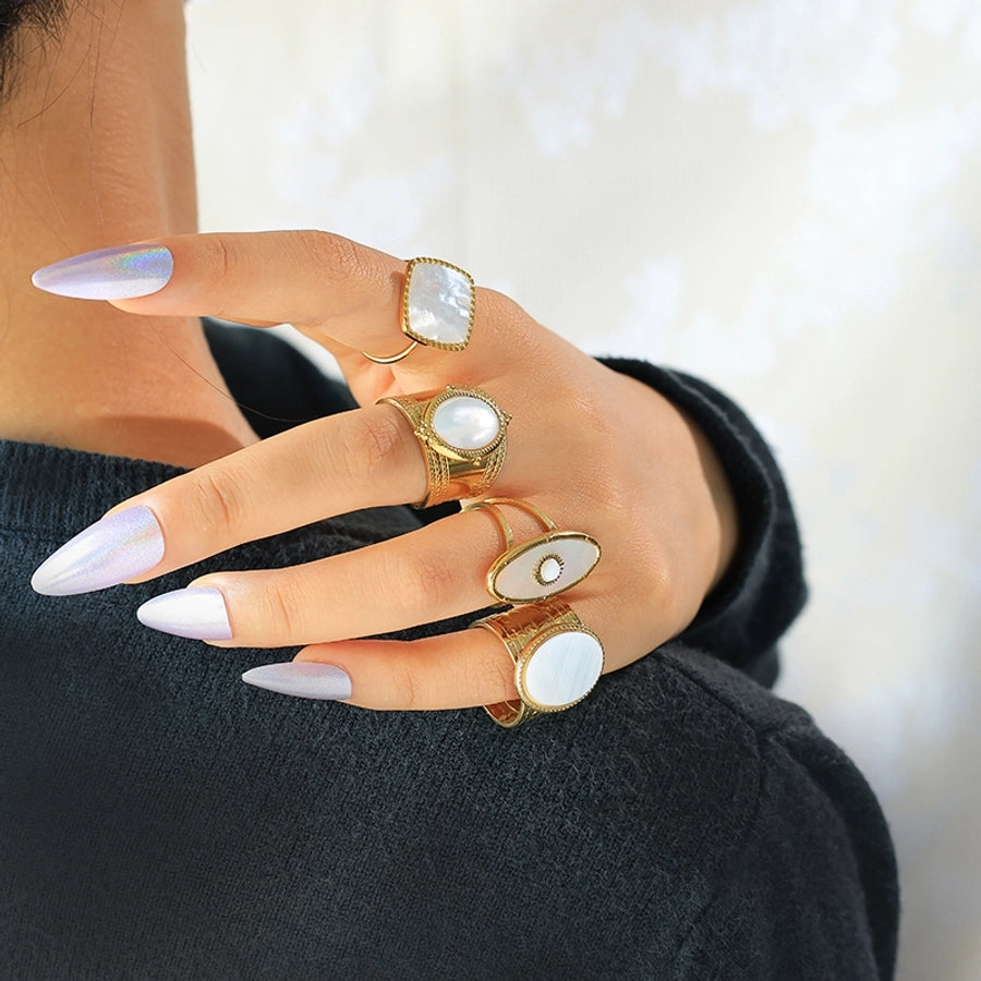 Jewelry Elegant Vacation Simple Style Sun Square Oval 304 Stainless Steel Shell 14K Gold Plated Inlay Open Rings