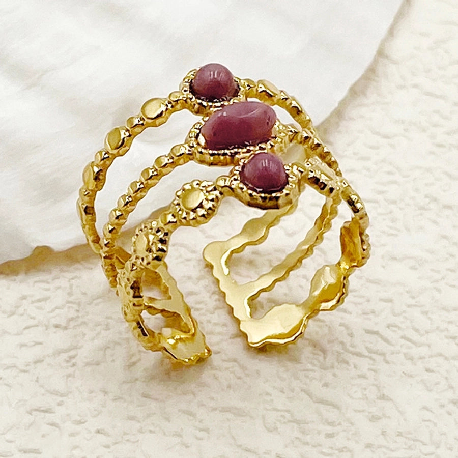 Jewelry Sweet Simple Style Korean Style Waves Flower 304 Stainless Steel Natural Stone 14K Gold Plated Enamel Inlay Open Rings