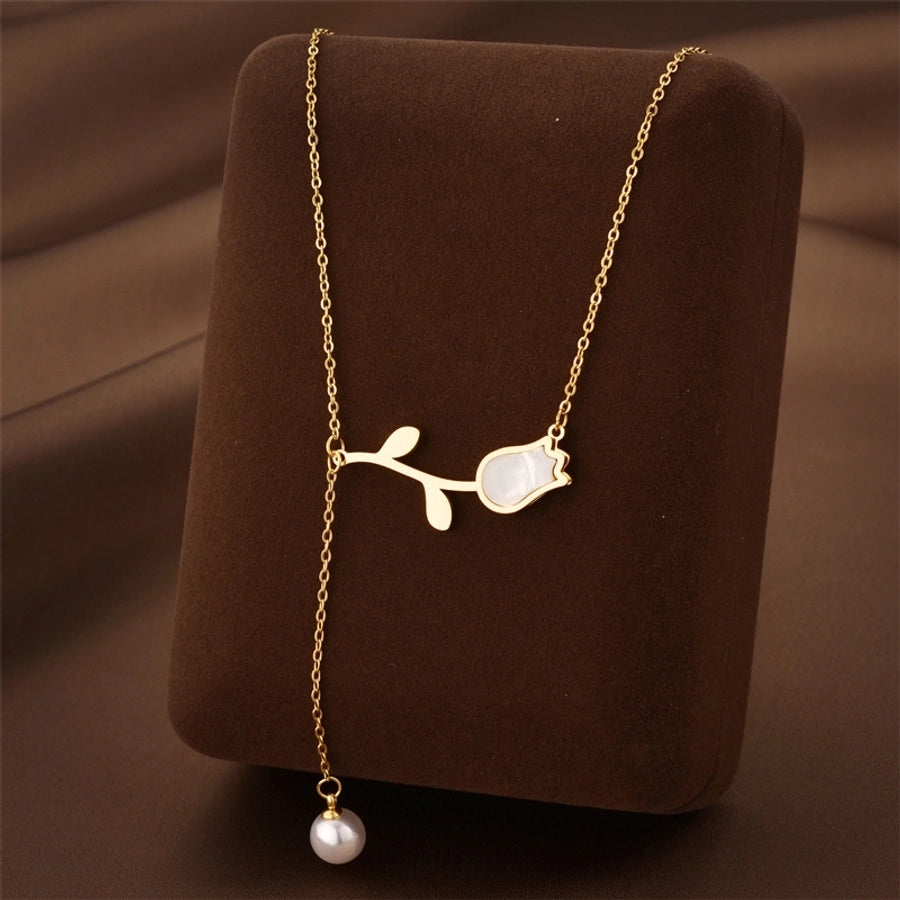 [Whole Body Titanium Steel] Tulip Pearl Pendant Necklace Light Luxury Classic Style Necklace
