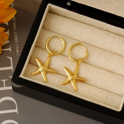 1 Pair Marine Style Scallop Starfish Dolphin Polishing Epoxy 304 Stainless Steel 18K Gold Plated Hoop Earrings Drop Earrings