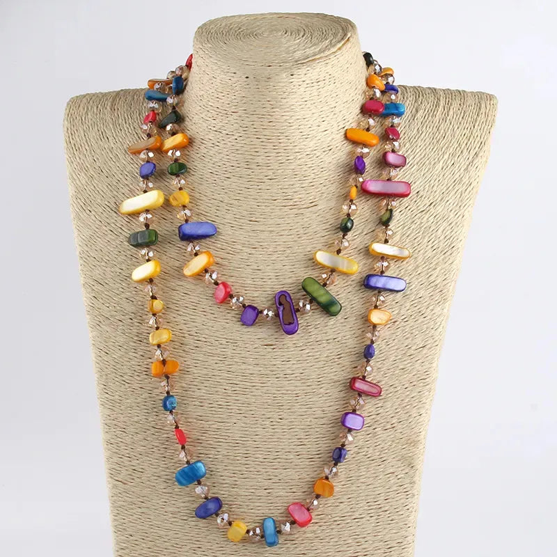 Bohemian Geometric Glass Shell Beaded Chain Necklace In Bulk
