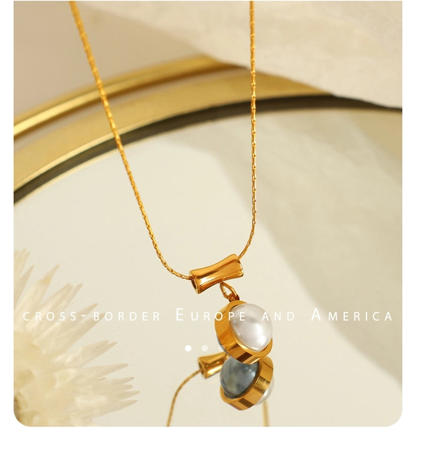 Jewelry IG Style Elegant Round 304 Stainless Steel Artificial Pearls 18K Gold Plated Polishing Inlay Pendant Necklace