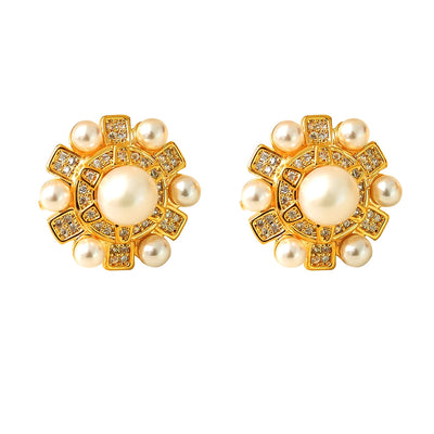 1 Pair Elegant Vintage Style Round Plating Inlay Copper Pearl Zircon 18K Gold Plated Ear Studs