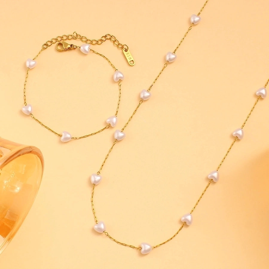 Jewelry Vacation Simple Style Heart Shape 304 Stainless Steel 18K Gold Plated Bracelets Necklace