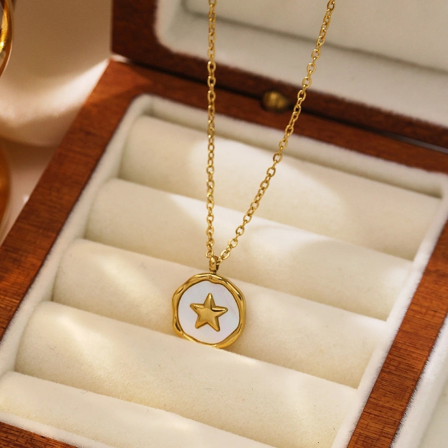 Jewelry Vintage Style French Style Pentagram Round 304 Stainless Steel Shell 18K Gold Plated Inlay Pendant Necklace