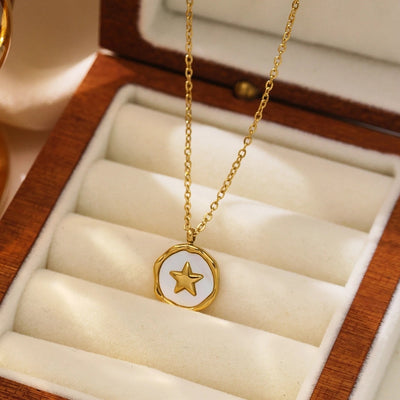 Jewelry Vintage Style French Style Pentagram Round 304 Stainless Steel Shell 18K Gold Plated Inlay Pendant Necklace