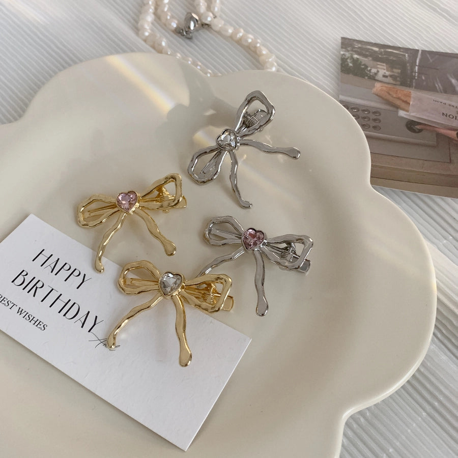 Women's IG Style Sweet Heart Shape Bow Knot Metal Hollow Out Inlay Rhinestones Hair Clip