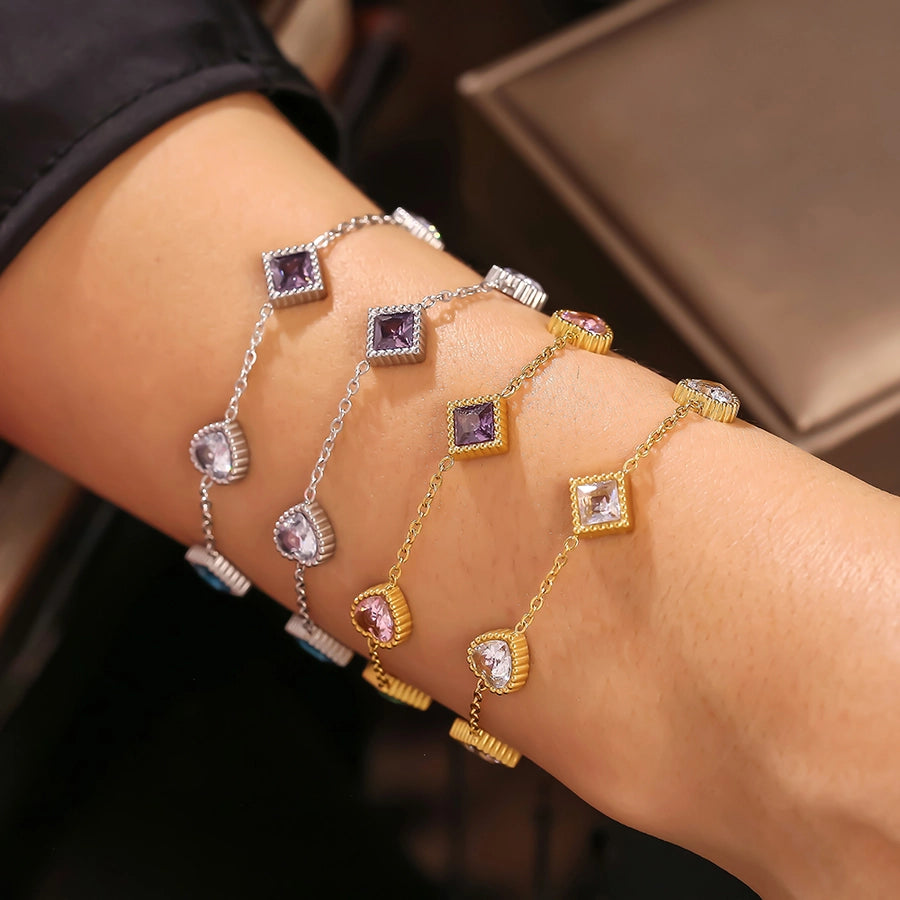 Preppy Style Commute Shiny Square Heart Shape Titanium Steel 18K Gold Plated Zircon Bracelets In Bulk
