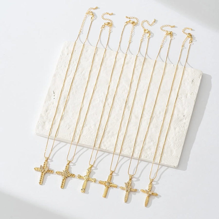 Copper box chain 18K Gold Plated Inlay Carving Cross Butterfly Zircon Pendant Necklace