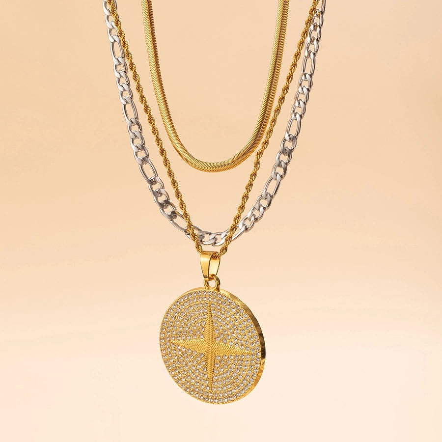 Jewelry Punk Round 201 Stainless Steel Copper Zircon Inlay Three Layer Necklace